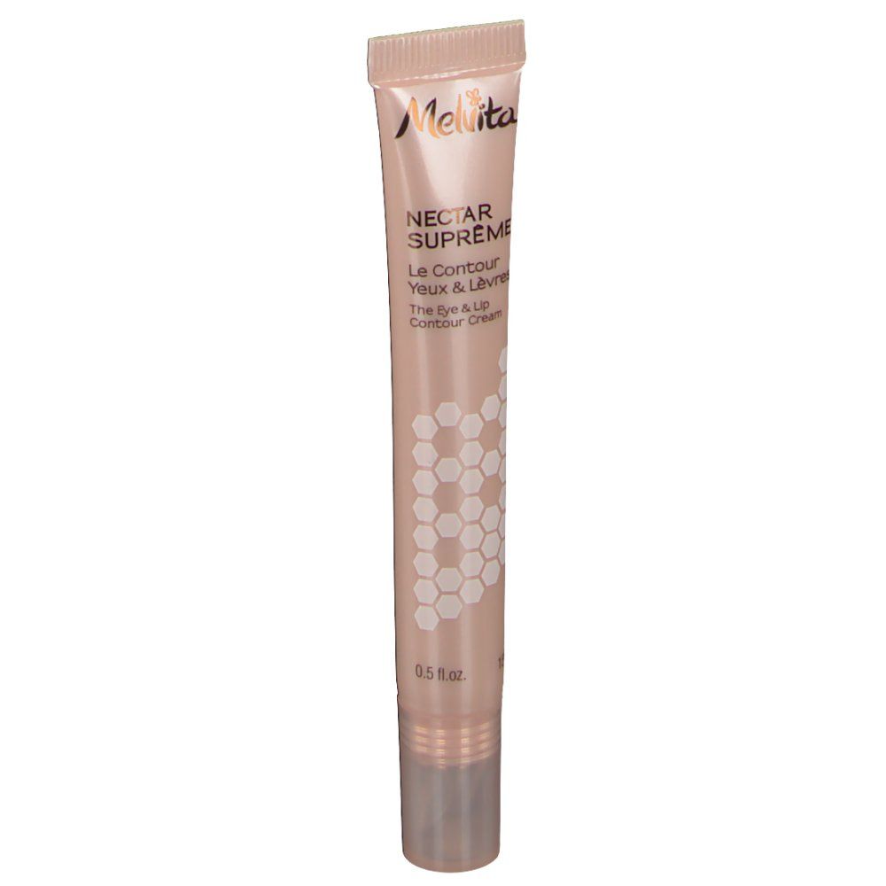 Tube de crème avec nom du produit et logo. Tube beige avec bouchon argenté. Inscription : Nectar Supreme, Le Contour Yeux & Lèvres.
