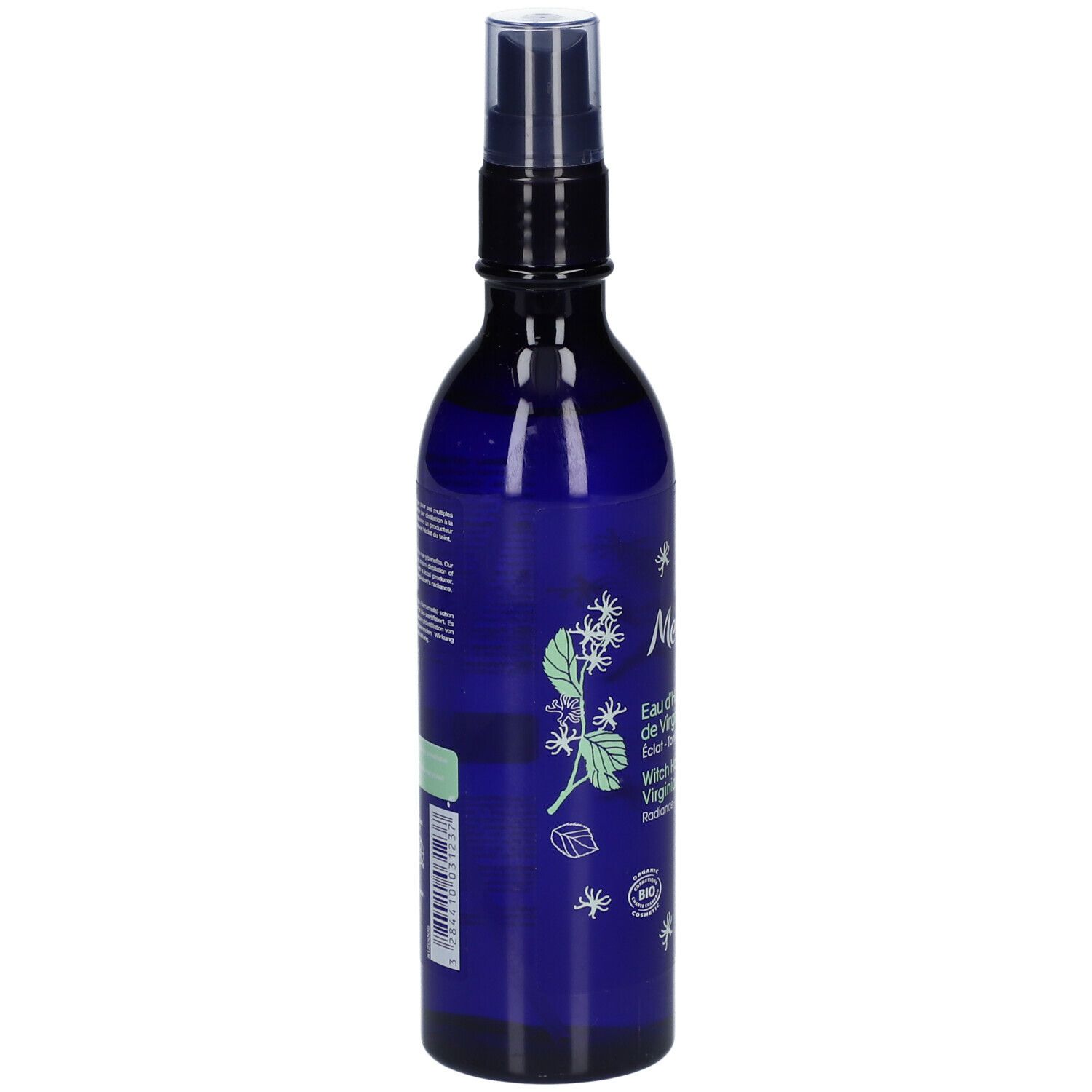 Flacon bleu avec vaporisateur. Inscription: Melvita, Eau d'Hamamélis de Virginie, Witch Hazel Virginiana water. Label bio.
