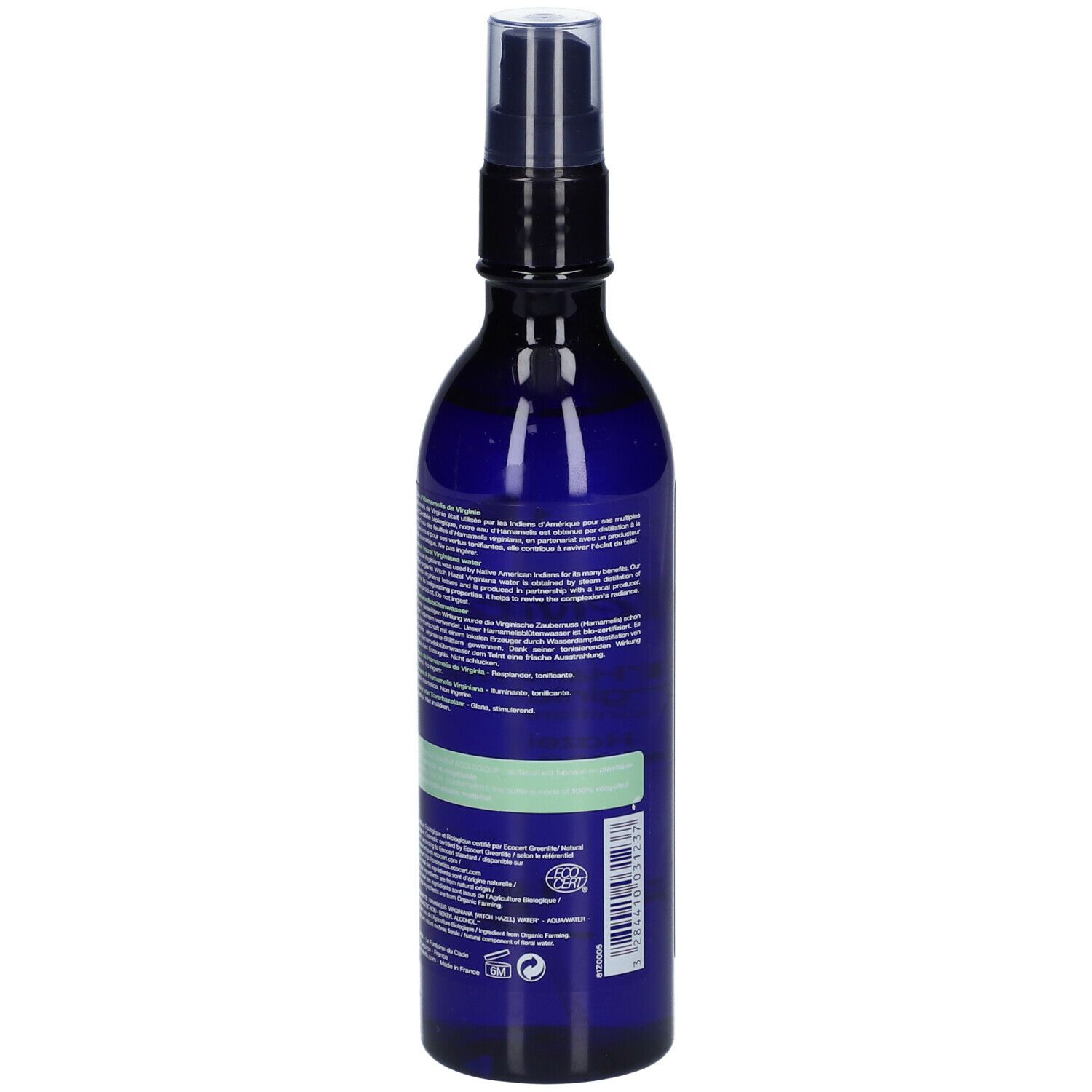 Flacon bleu avec vaporisateur. Dos avec texte et bande verte. Label bio. Flacon de 200 ml.