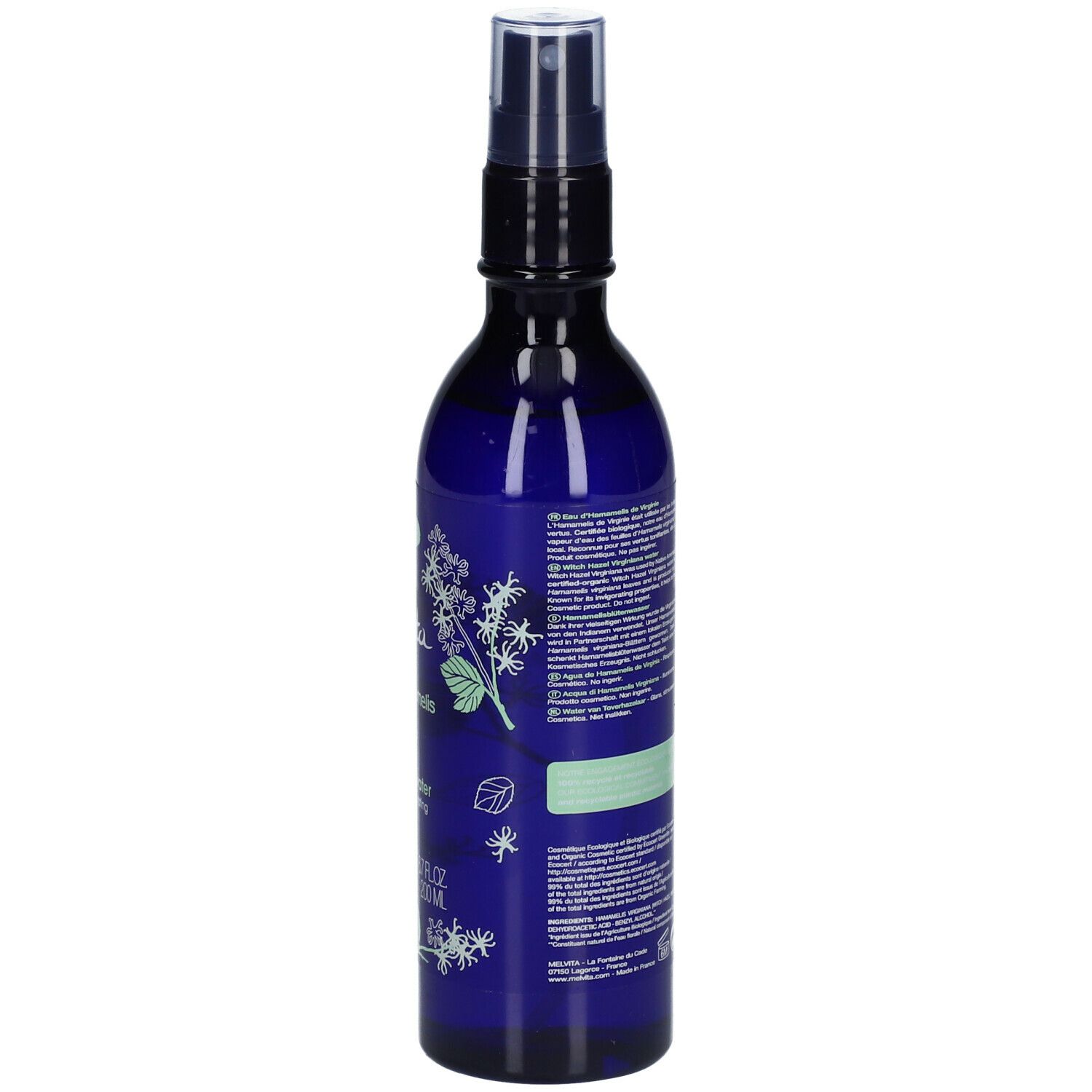 Flacon bleu avec vaporisateur. Dos avec texte et bande verte. Label bio. Flacon de 200 ml.