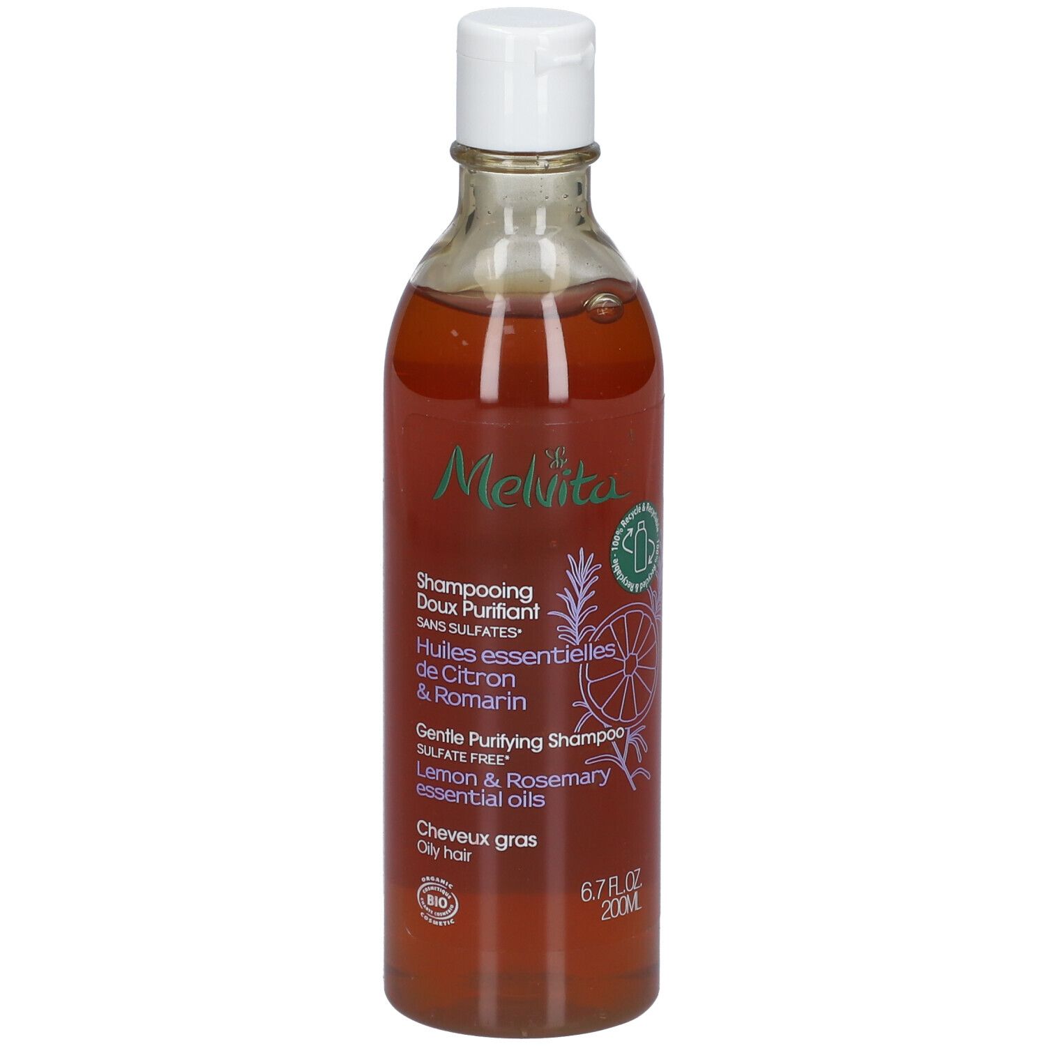 Liquide brun dans une bouteille transparente à bouchon blanc. Inscription : Melvita, Shampooing Doux Purifiant.