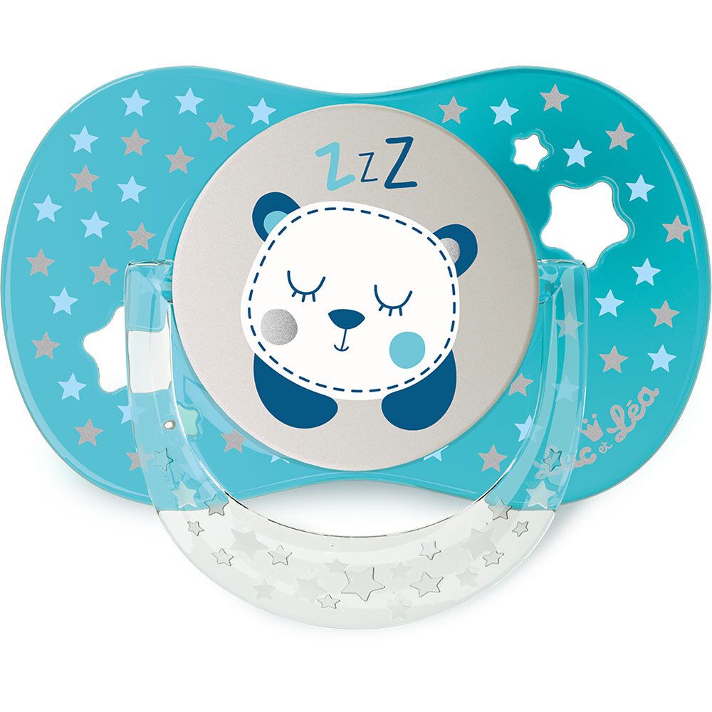 Sucette bleue à motifs étoiles et ours endormi. Anneau et tétine transparents. Marque Luc et Léa.