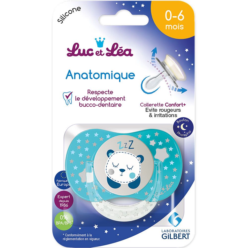 Emballage de sucette Luc et Léa. Anatomique, 0-6 mois. Motifs étoiles, ours. Fonction nuit.