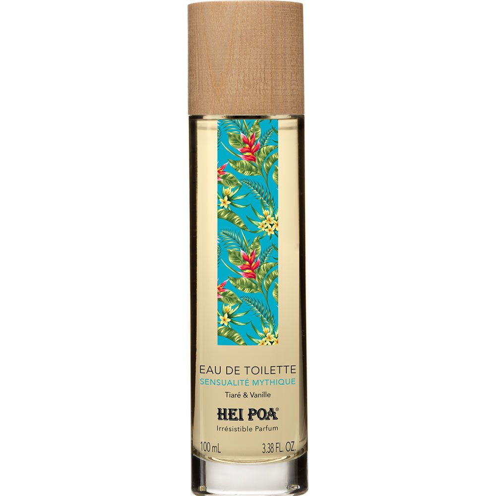 Flacon HEI POA Eau de Toilette, bouchon bois. Inscription: Sensualité Mythique, Tiaré & Vanille. 100 ml.
