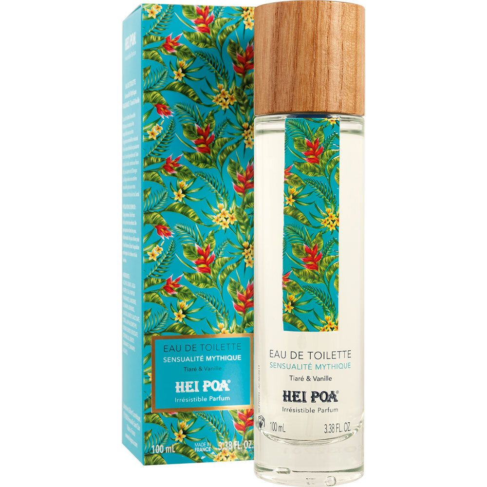 HEI POA Eau de Toilette et emballage. Inscription: Sensualité Mythique, Tiaré & Vanille. 100 ml. Emballage fleuri.