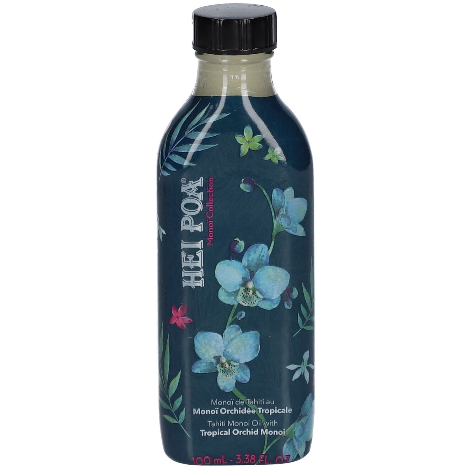 Flacon avec motif floral et inscription. Bouchon noir. Texte: HEI POA, Monoï de Tahiti au Monoï Orchidée Tropicale.