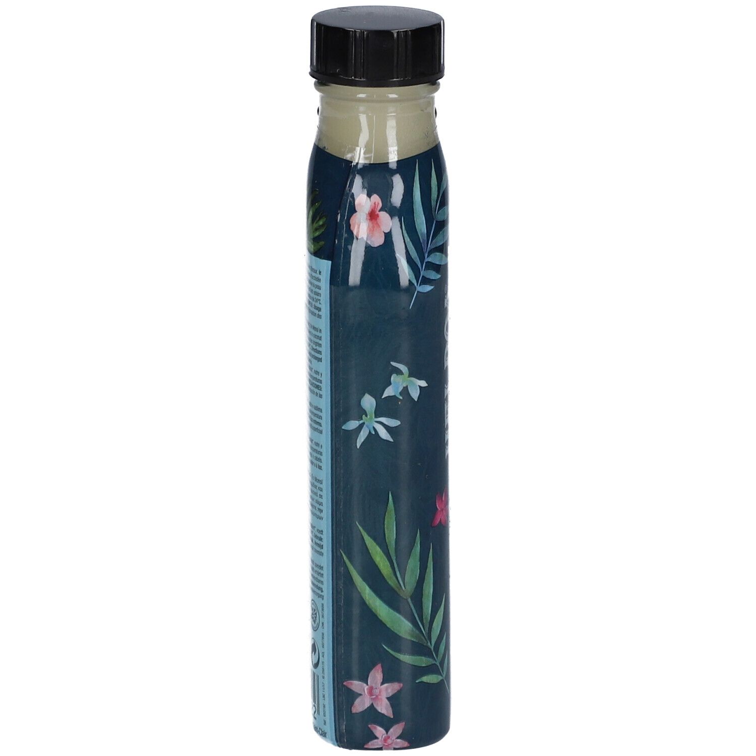 Flacon avec motif floral. Vue latérale. Bouchon noir. Texte sur le flacon.