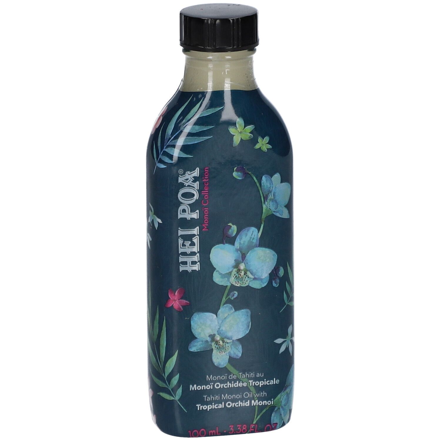 Flacon avec motif floral et inscription. Bouchon noir. Texte: HEI POA, Monoï de Tahiti au Monoï Orchidée Tropicale.