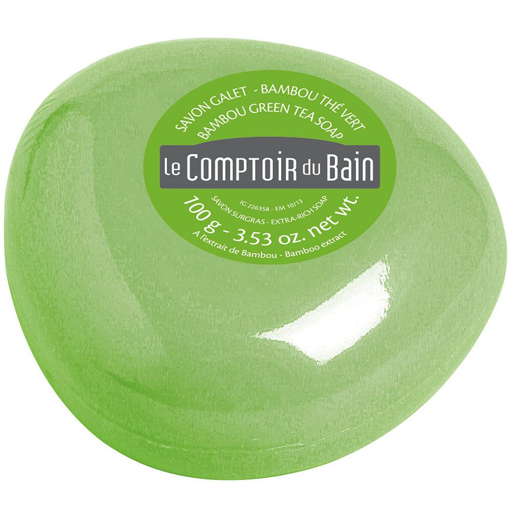 Savon galet vert, ovale, avec étiquette "LE COMPTOIR du BAIN".