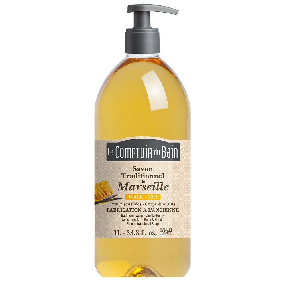 Flacon de savon liquide. Inscription: Le Comptoir du Bain, Savon de Marseille, Vanille-Miel. Avec pompe.