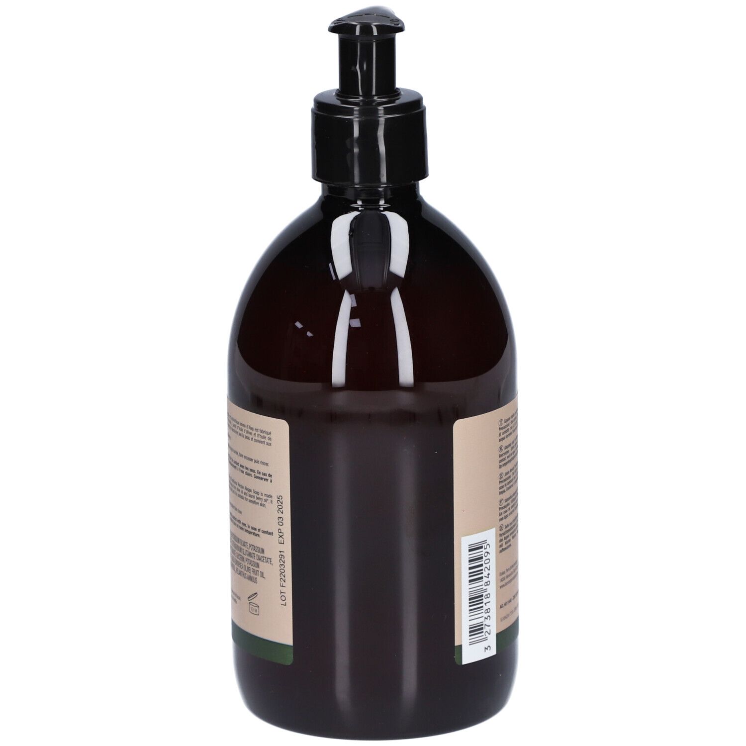Flacon marron avec pompe noire. Arrière avec texte. Inscription: Le Comptoir du Bain, Savon d'Alep.