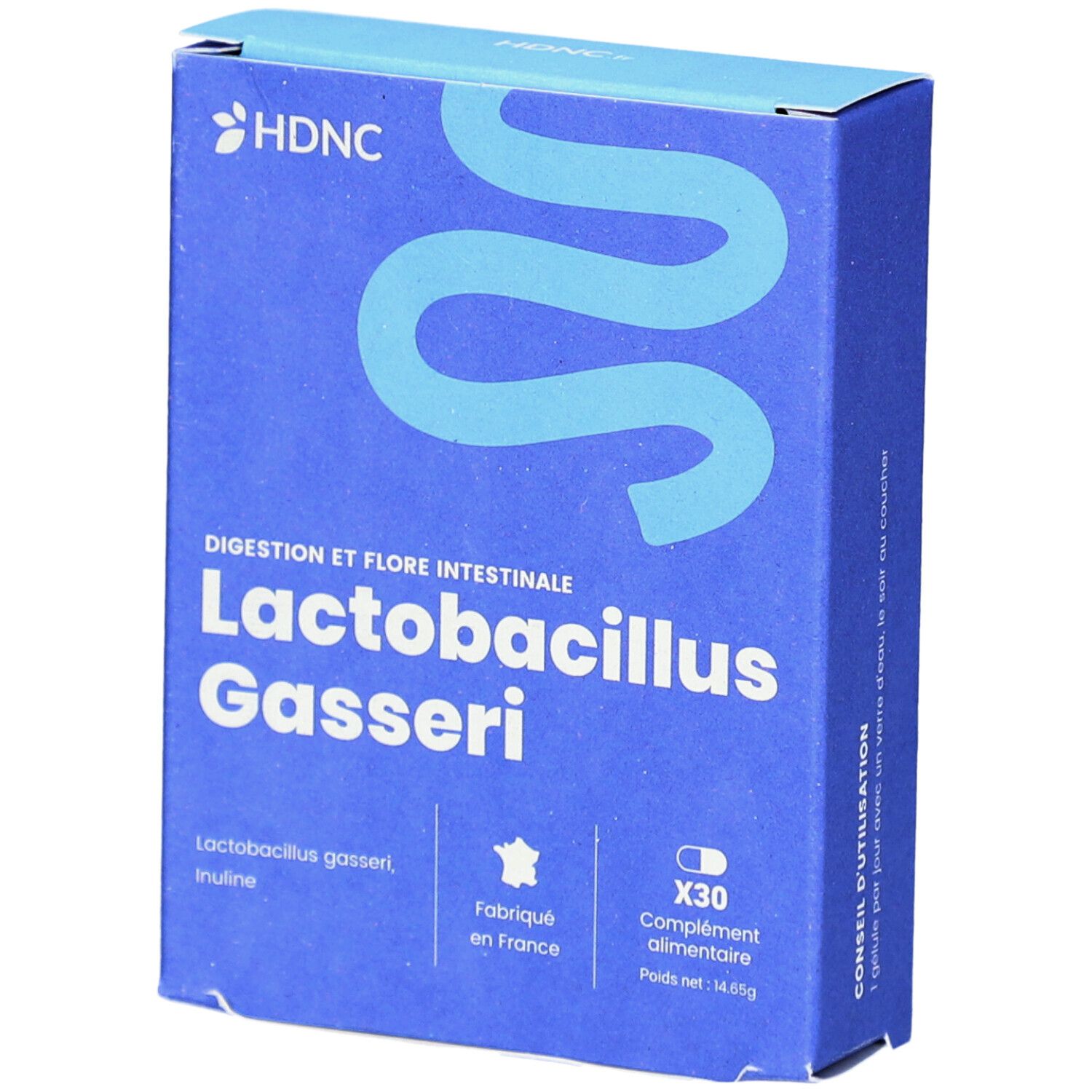 Boîte bleue HDNC. Contient Lactobacillus Gasseri et inuline. X30 gélules. Fabriqué en France. Pour la digestion et la flore intestinale.