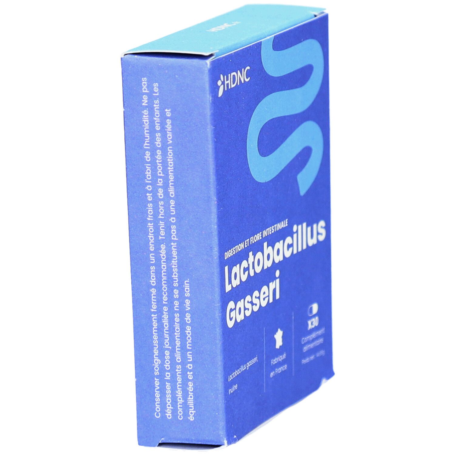 Boîte bleue HDNC. Contient Lactobacillus Gasseri. Texte: X30, Fabriqué en France. Pour la digestion et la flore intestinale.