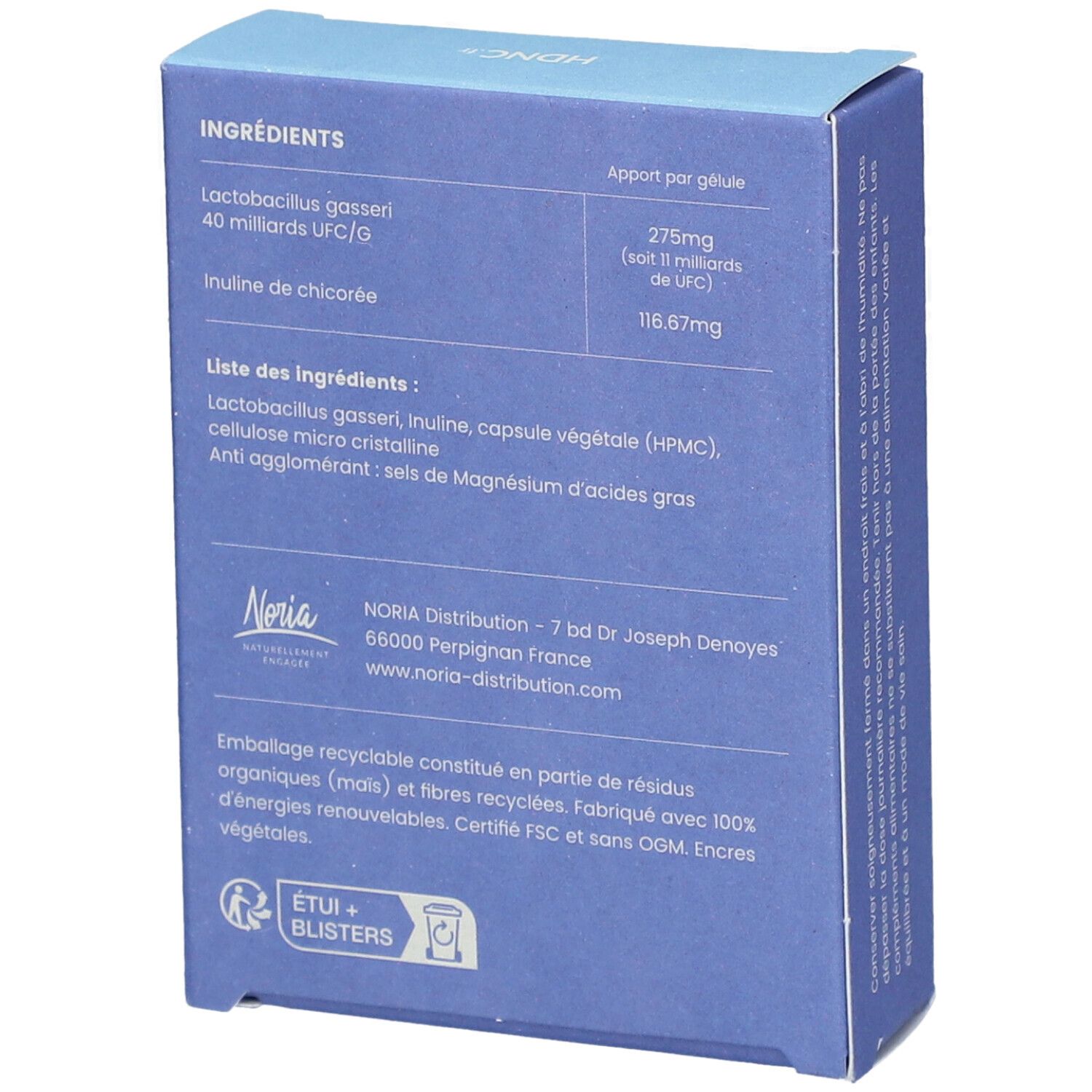 Dos de la boîte bleue. Ingrédients: Lactobacillus Gasseri, inuline. Informations fabricant et logo de recyclage.