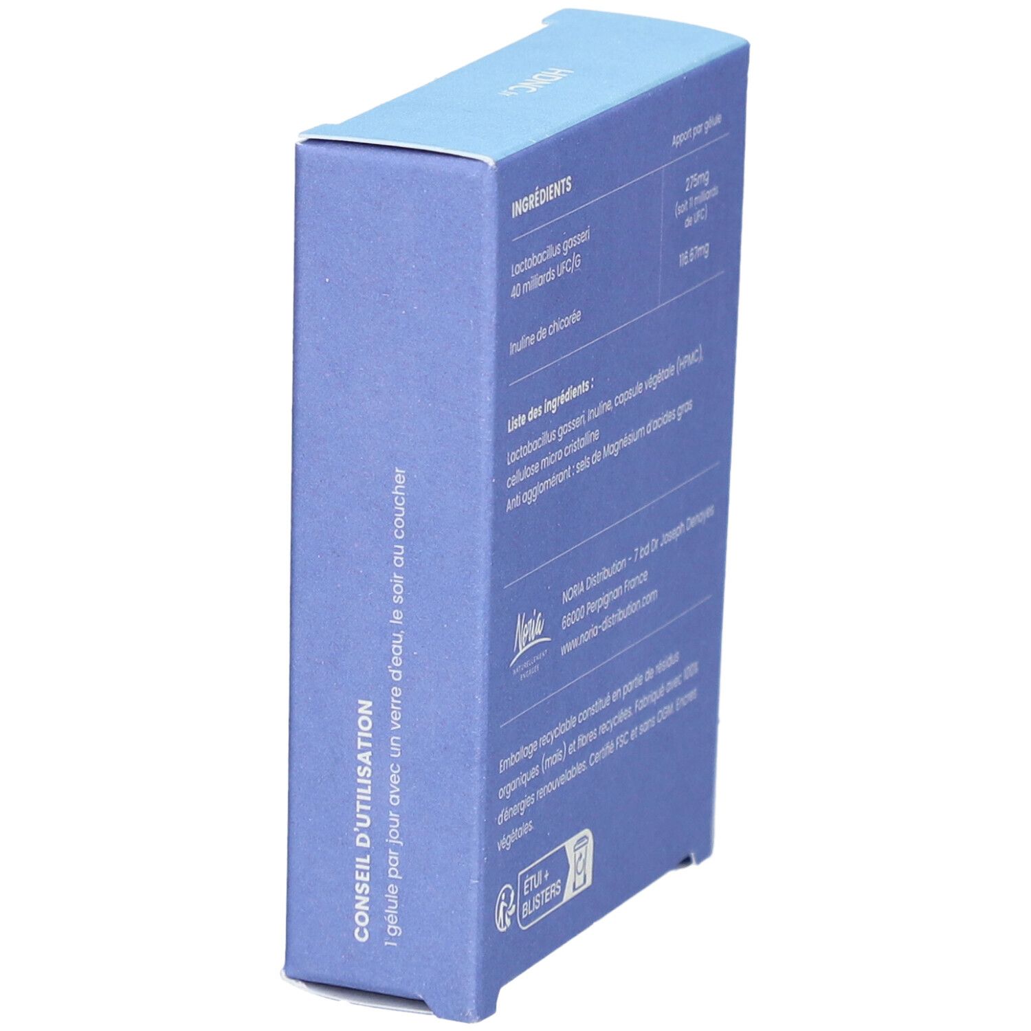 Boîte bleue, vue latérale. Contient ingrédients et conseils d'utilisation. Informations fabricant.