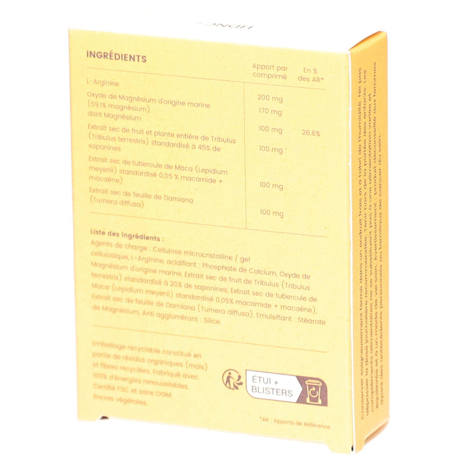 Dos de la boîte HDNC Formule Energie. Liste des ingrédients et informations nutritionnelles. Texte: Etui + Blisters. Symbole de recyclage.