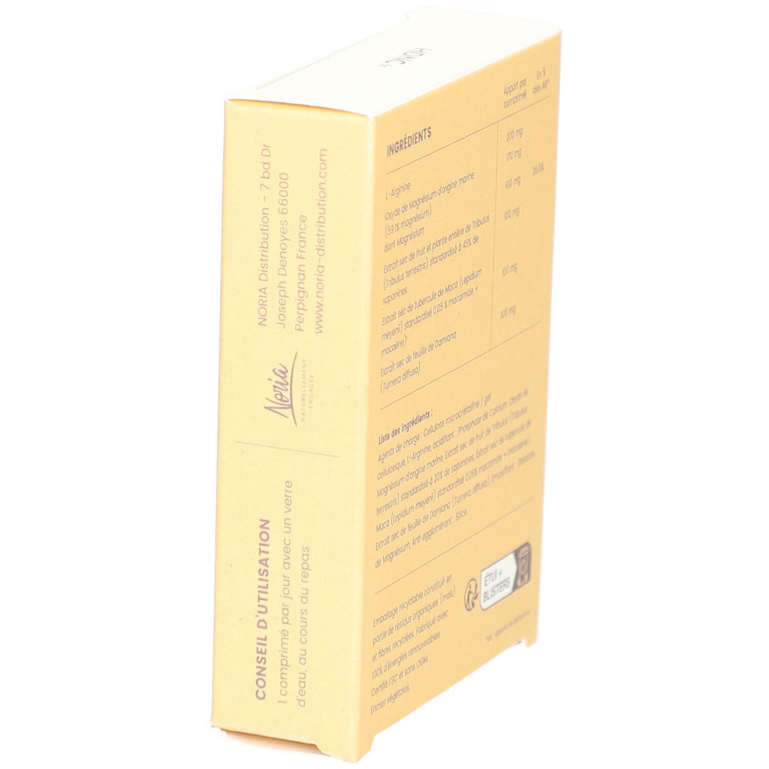 Côté de la boîte HDNC Formule Energie. Liste des ingrédients et informations nutritionnelles. Texte: Conseil d'utilisation. Informations fabricant.