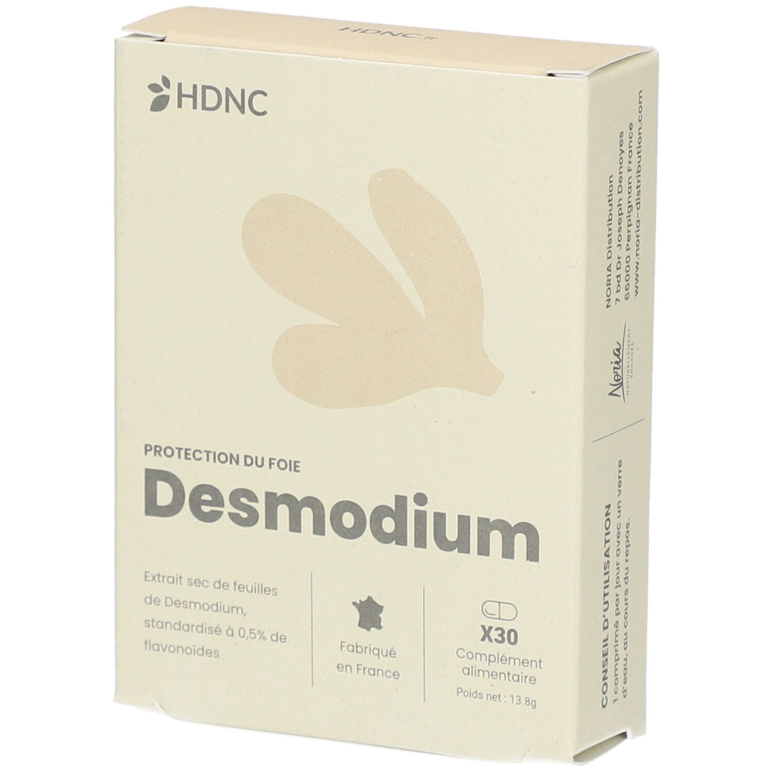 Boîte beige avec logo HDNC et nom du produit Desmodium. Contient 30 gélules. Fabriqué en France.