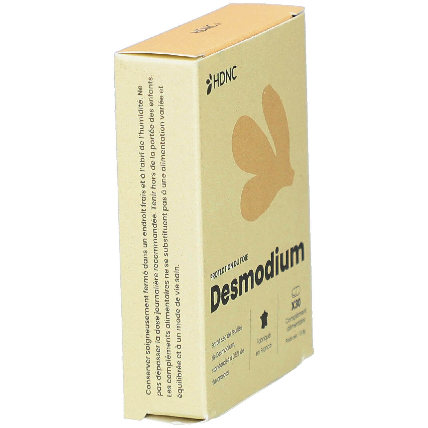 Boîte beige en biais, avec logo HDNC et nom du produit Desmodium. Contient 30 gélules. Fabriqué en France.