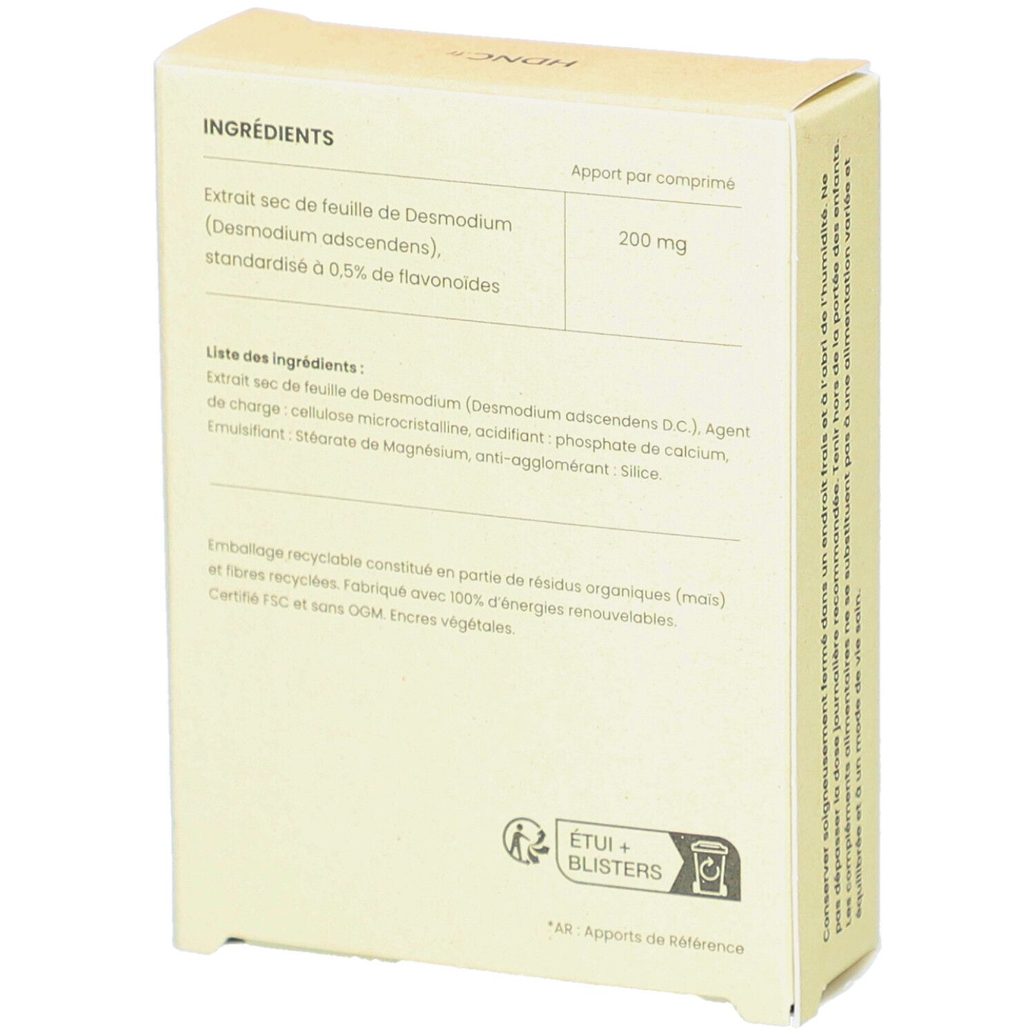 Dos de la boîte beige avec liste des ingrédients et informations. Contient de l'extrait de Desmodium. Etui + Blisters.