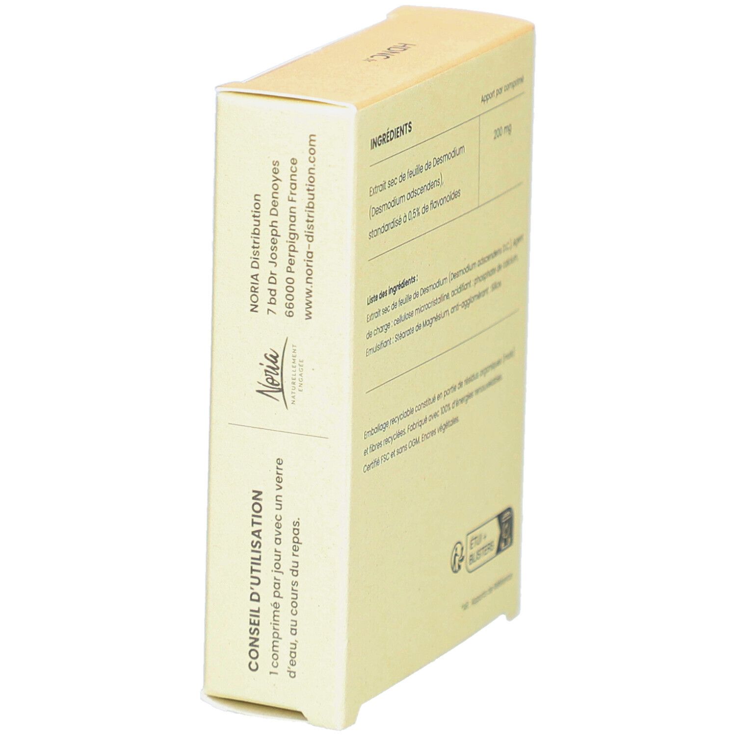 Côté de la boîte avec informations, dont l'adresse du fabricant et recommandation d'utilisation. Couleur beige.