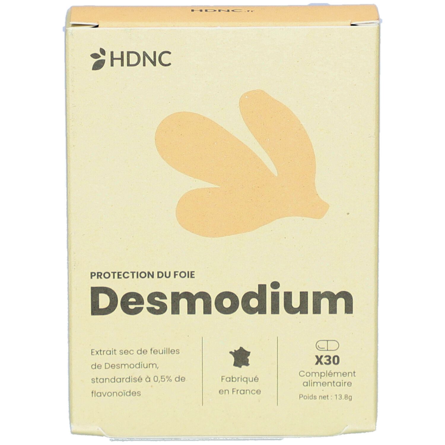 Boîte beige avec logo HDNC et nom du produit Desmodium. Contient 30 gélules. Fabriqué en France.