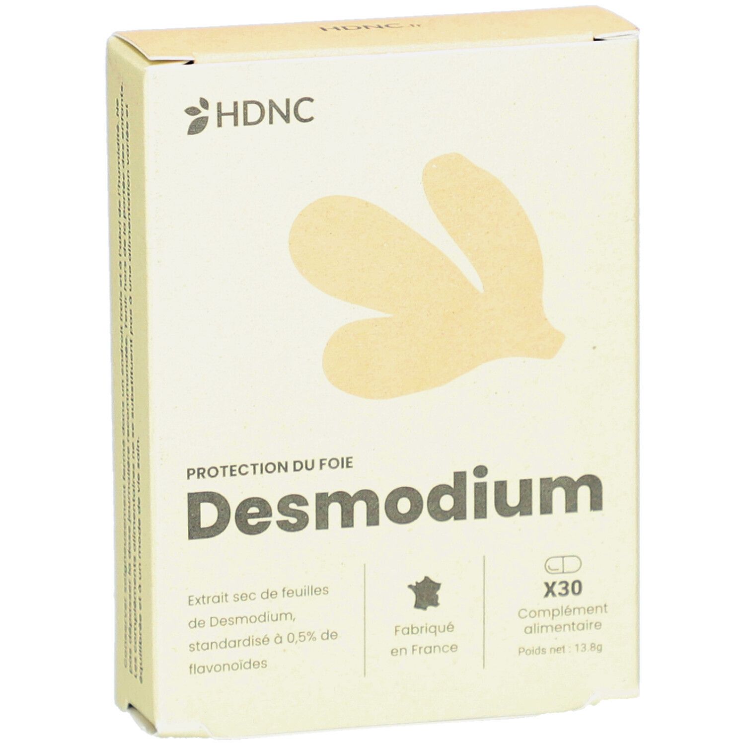 Boîte beige avec logo HDNC et nom du produit Desmodium. Contient 30 gélules. Fabriqué en France.