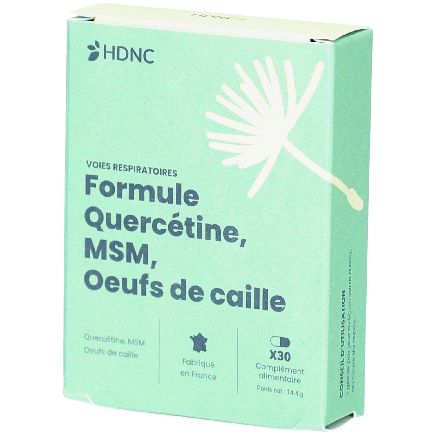 Boîte vert clair avec logo HDNC et nom du produit. Contient Quercétine, MSM, Œufs de caille. X30 gélules. Fabriqué en France.