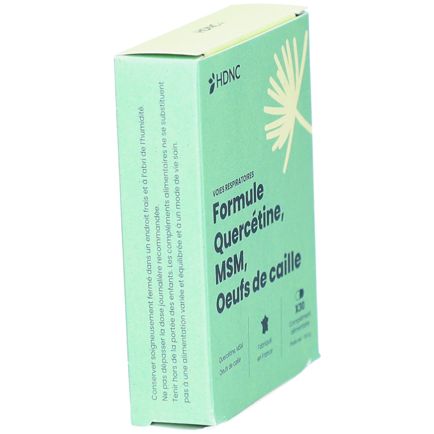 Boîte vert clair avec logo HDNC et nom du produit. Contient Quercétine, MSM, Œufs de caille. X30 gélules. Fabriqué en France.