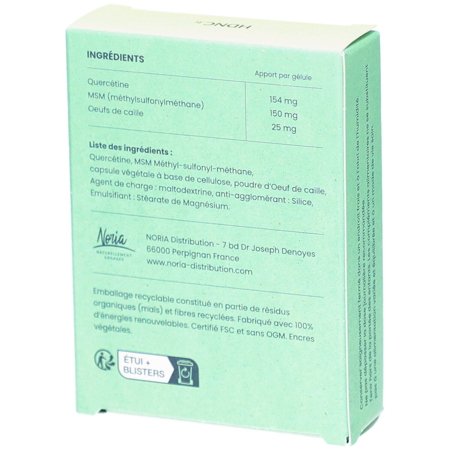 Dos de la boîte vert clair. Liste des ingrédients: Quercétine, MSM, Œufs de caille. Informations fabricant et logo de recyclage.