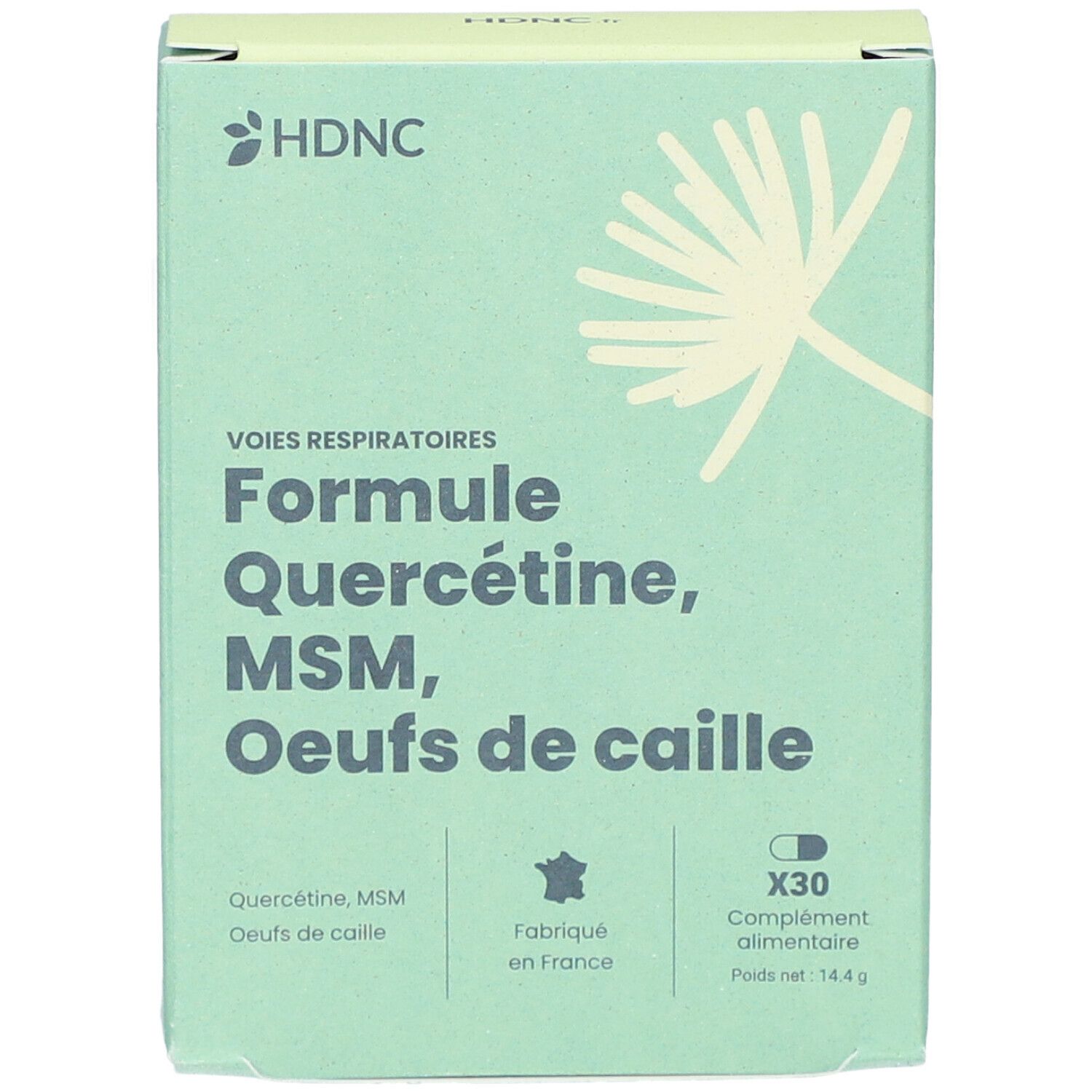 Boîte vert clair avec logo HDNC et nom du produit. Contient Quercétine, MSM, Œufs de caille. X30 gélules. Fabriqué en France.