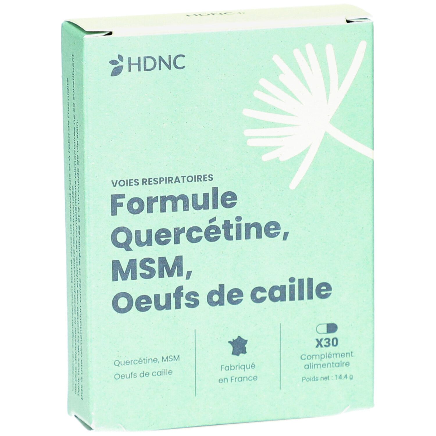 Boîte vert clair avec logo HDNC et nom du produit. Contient Quercétine, MSM, Œufs de caille. X30 gélules. Fabriqué en France.
