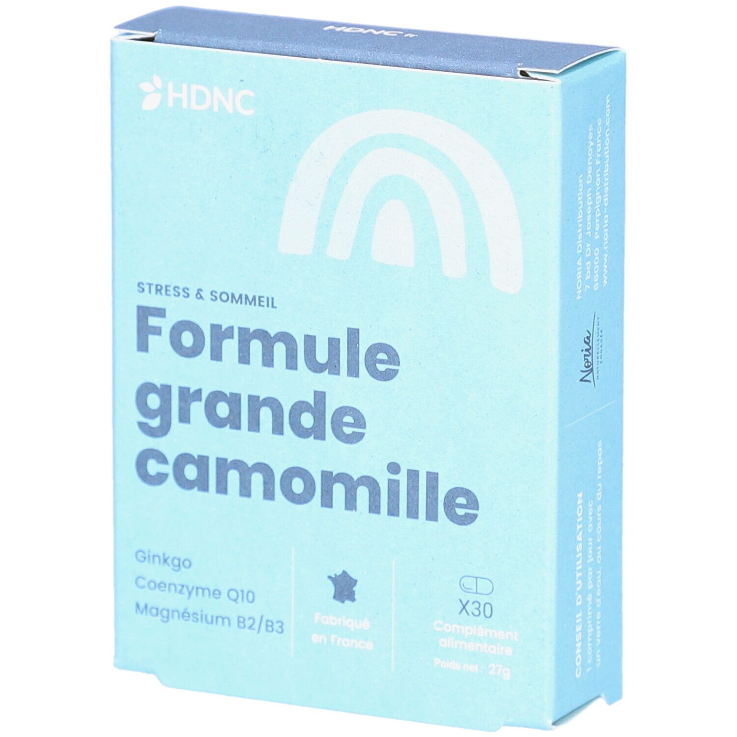 Boîte bleu clair avec logo HDNC et texte. Contient 'Formule grande camomille'. X30 comprimés. Fabriqué en France.