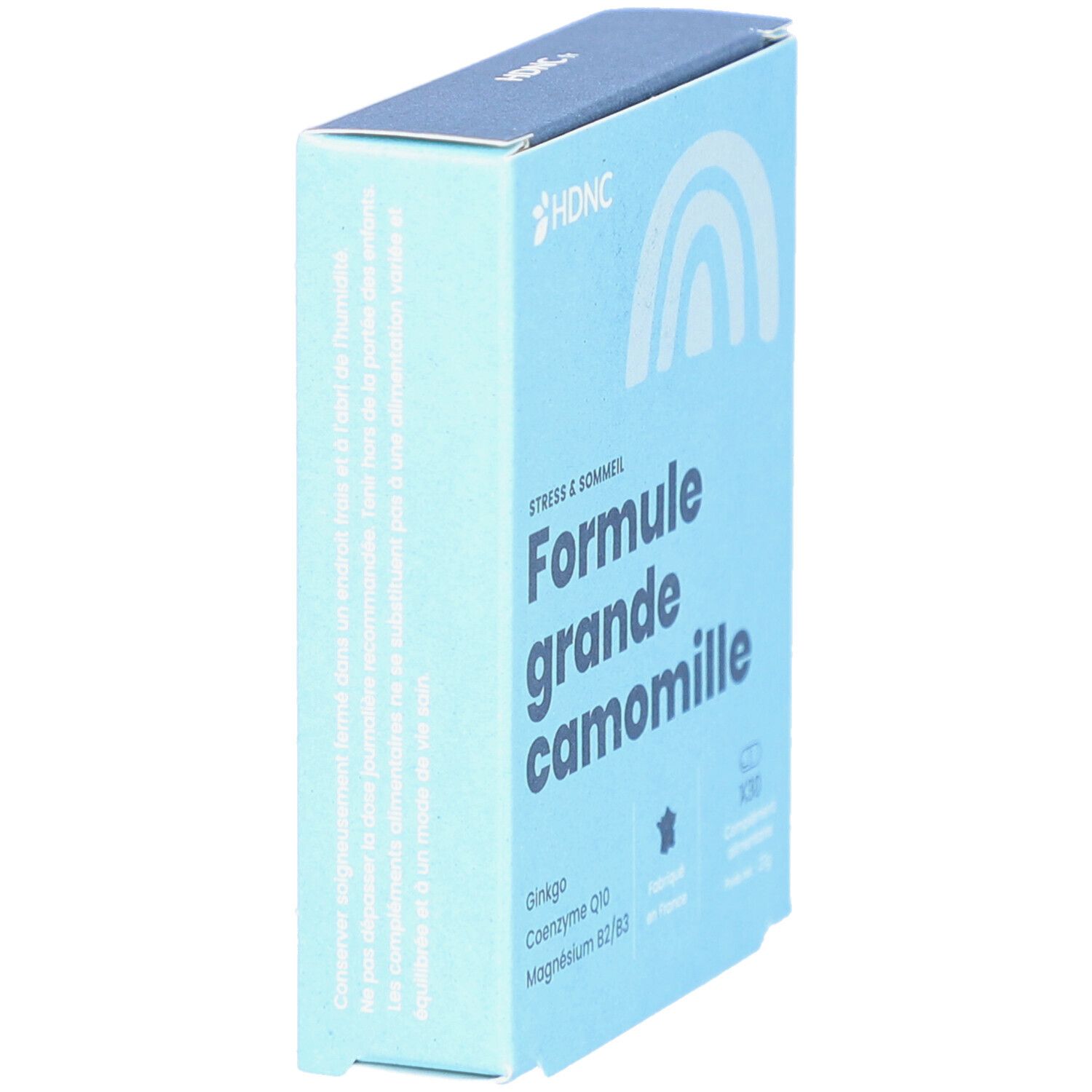 Boîte bleu clair, vue latérale. Logo HDNC, texte 'Formule grande camomille'. X30 comprimés. Fabriqué en France.