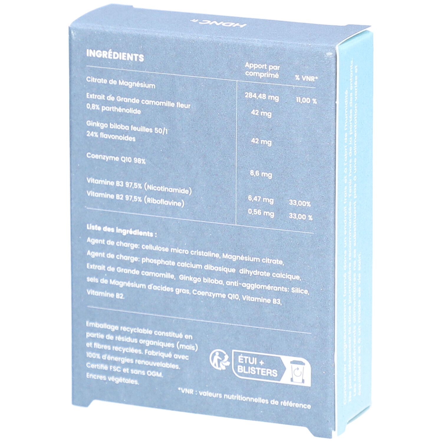Dos de la boîte bleu clair. Liste des ingrédients, informations nutritionnelles. 'Etui + Blisters'. Mention recyclage.