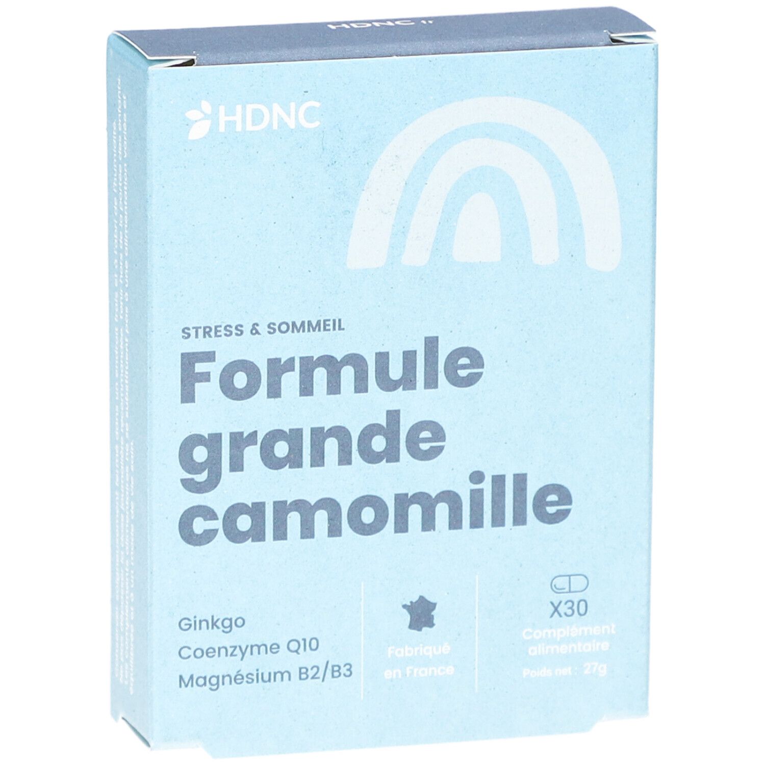 Boîte bleu clair avec logo HDNC et texte. Contient 'Formule grande camomille'. X30 comprimés. Fabriqué en France.