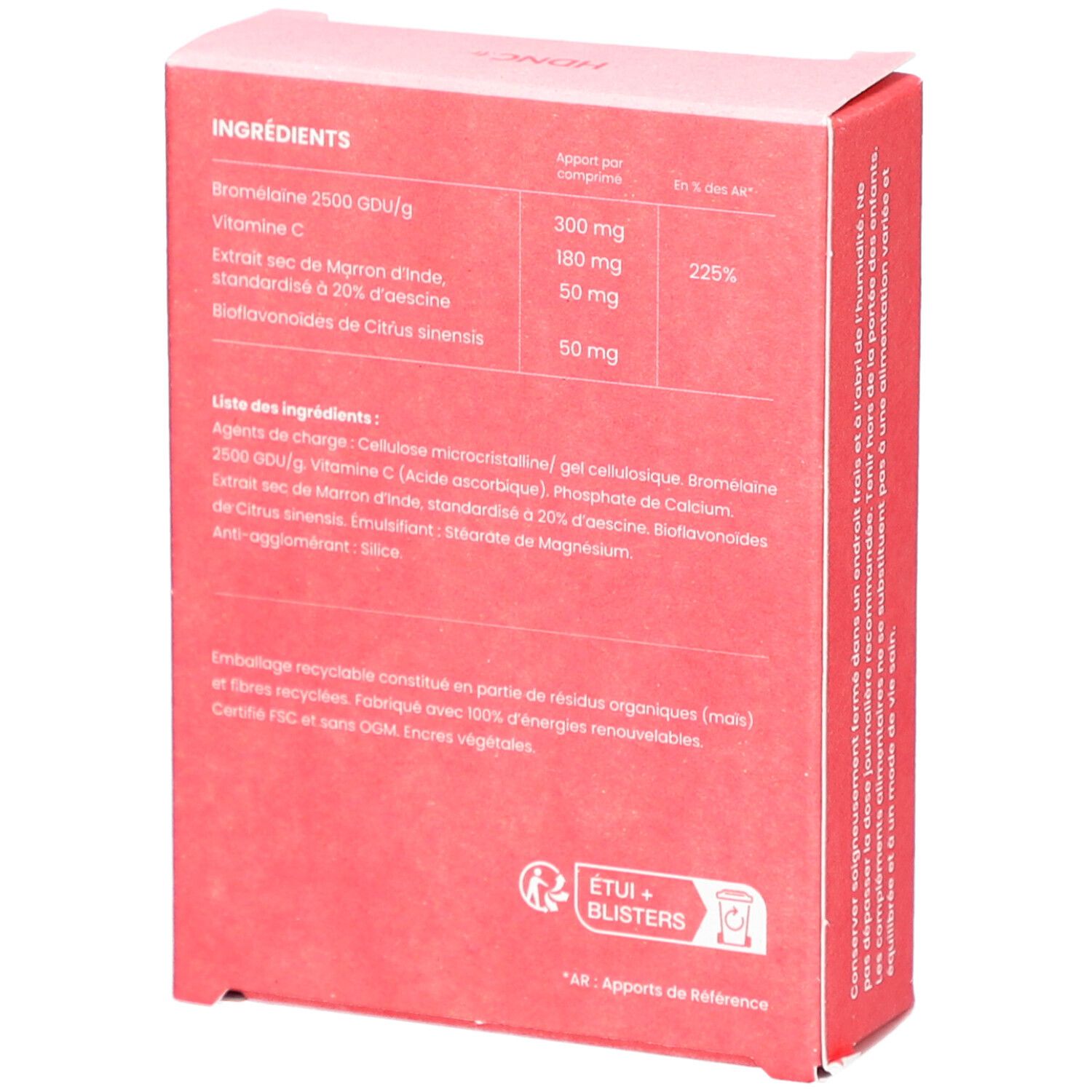 Dos de la boîte rouge. Liste des ingrédients et informations nutritionnelles. Certification FSC et DGM.