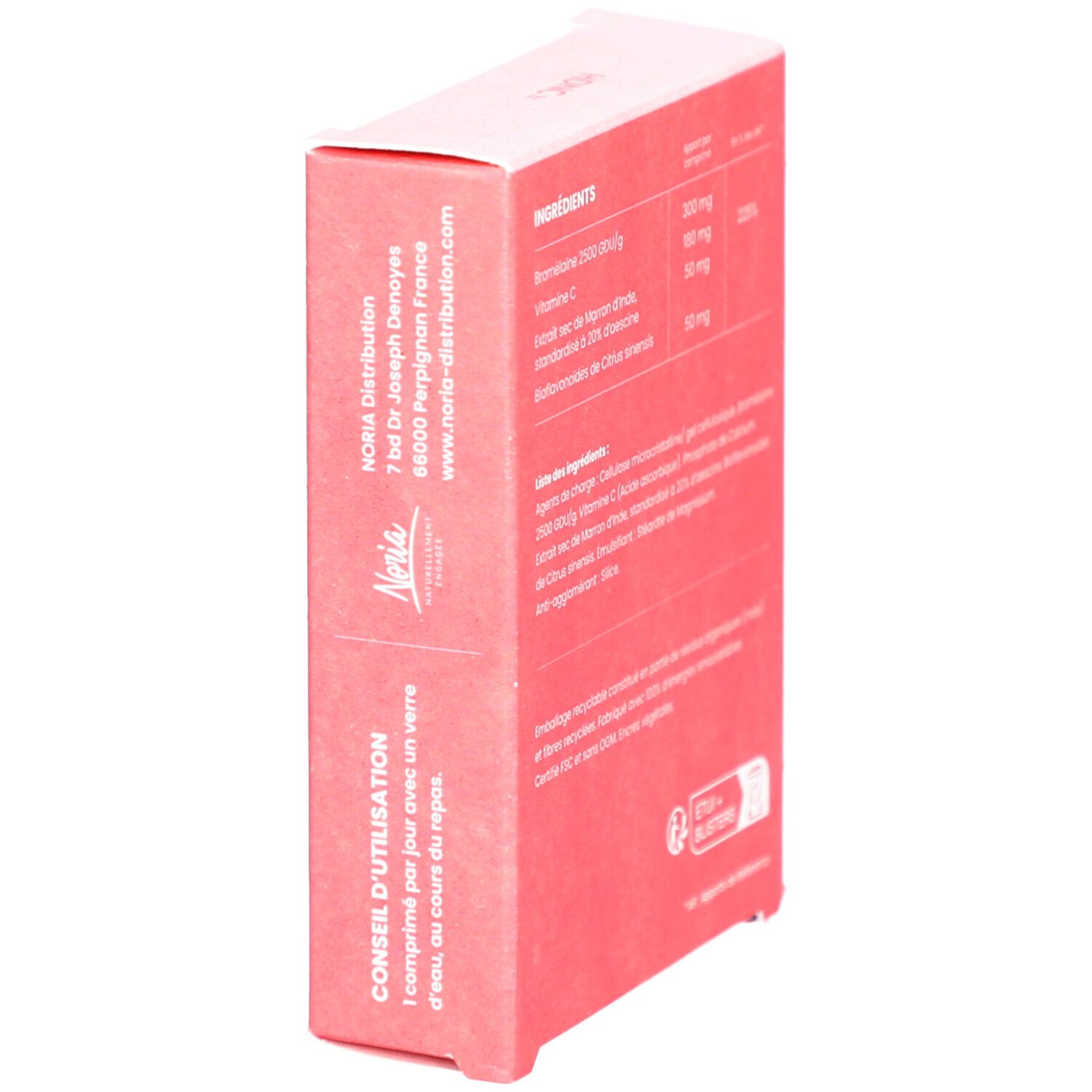 Vue latérale de la boîte rouge. Logo HDNC et informations produit. Conseils d'utilisation.