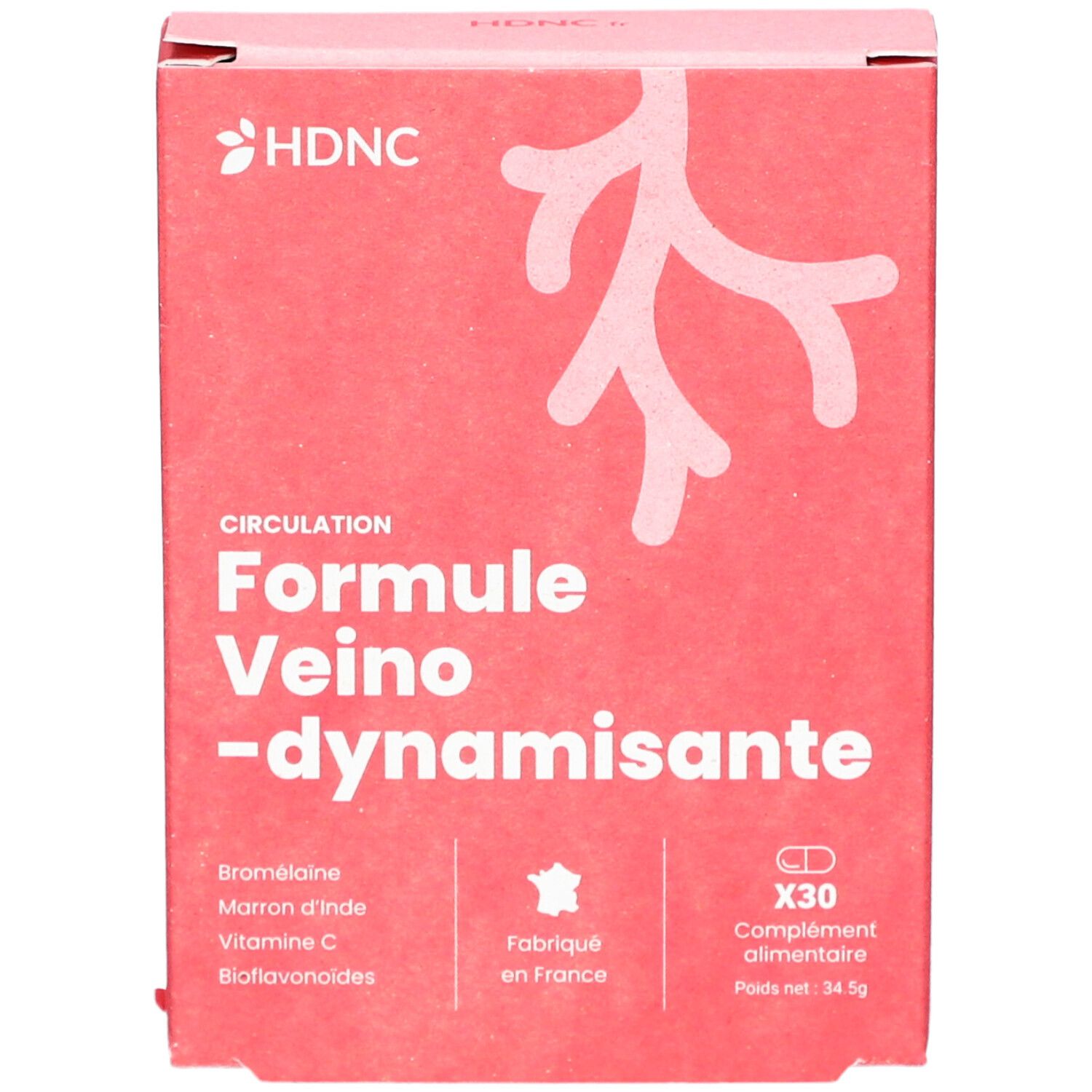 Boîte rouge avec logo HDNC et nom du produit. Contient 30 comprimés. Fabriqué en France. Ingrédients.