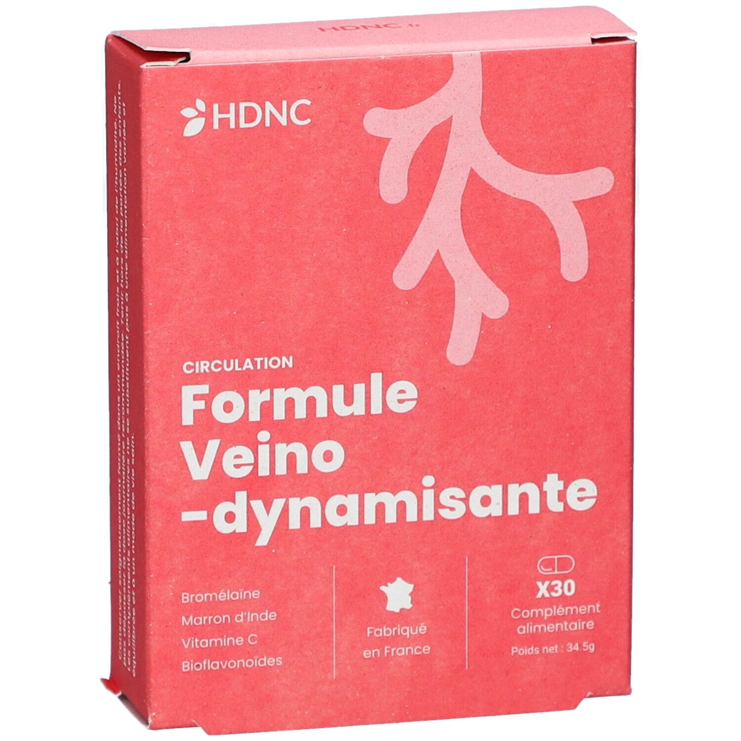 Boîte rouge avec logo HDNC et nom du produit. Contient 30 comprimés. Fabriqué en France. Ingrédients.