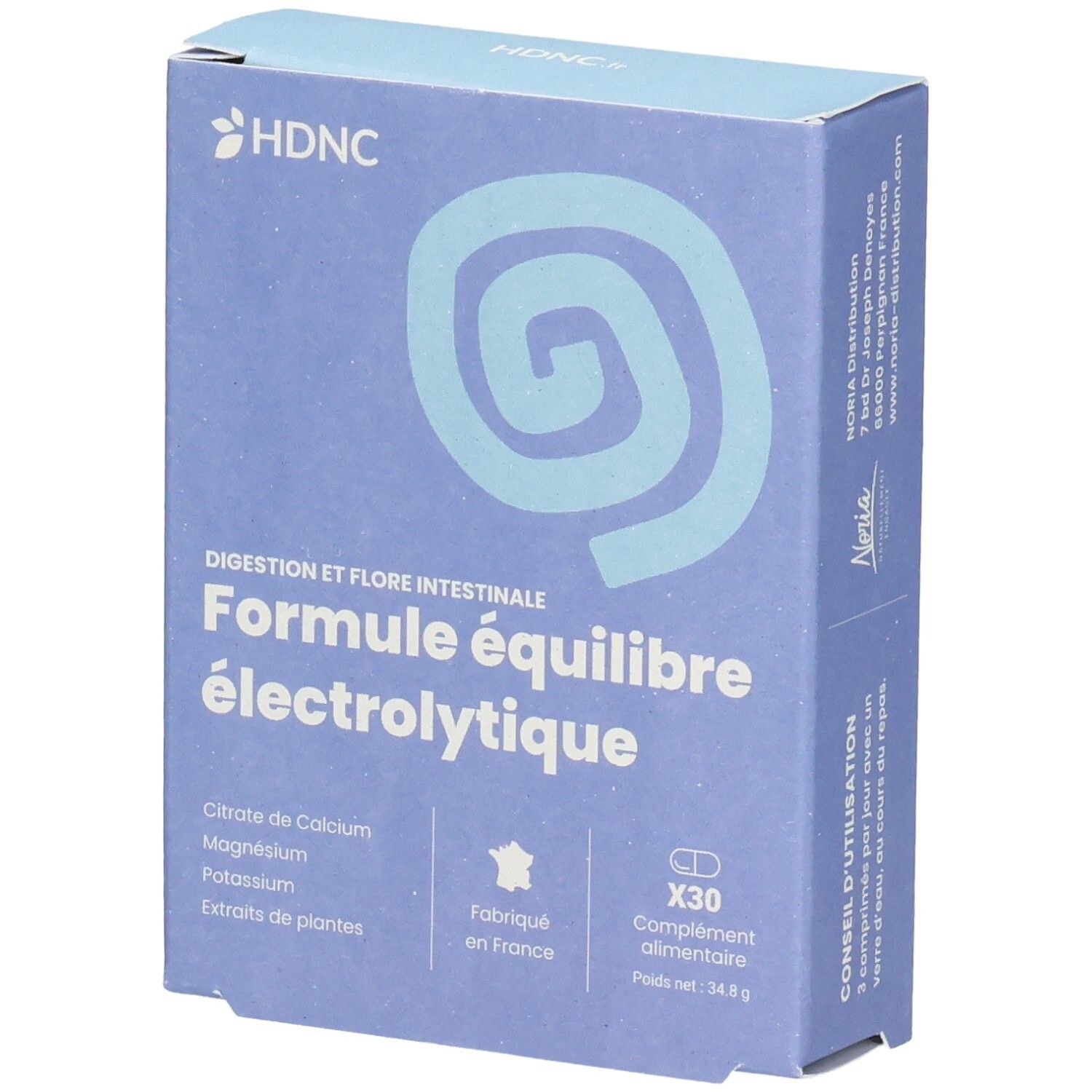 Boîte HDNC Formule équilibre électrolytique, 30 gélules. Contient calcium, magnésium, potassium et extraits de plantes.