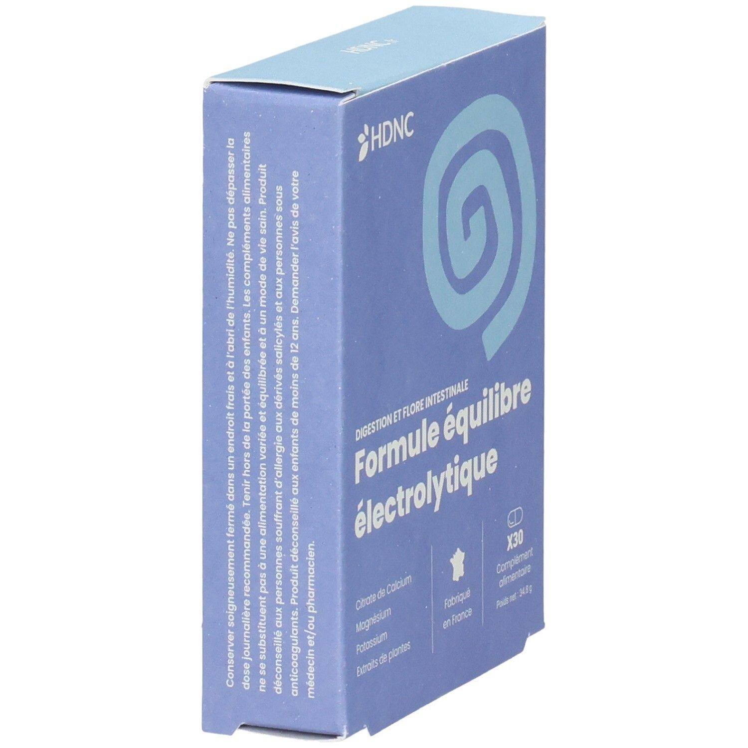 Boîte HDNC Formule équilibre électrolytique, vue de côté. Contient calcium, magnésium, potassium et extraits de plantes.