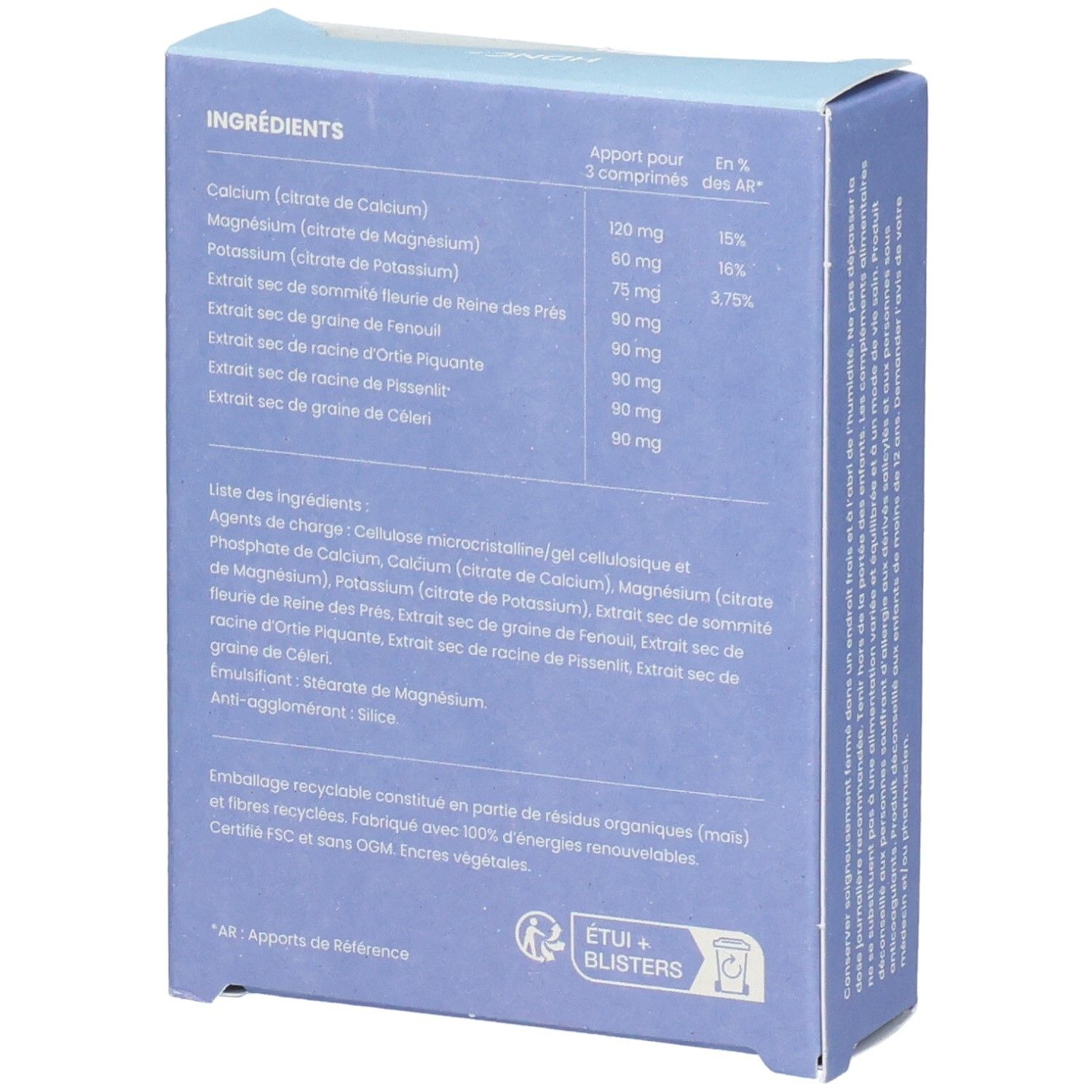 Arrière de la boîte HDNC Formule équilibre électrolytique avec liste des ingrédients et informations nutritionnelles.