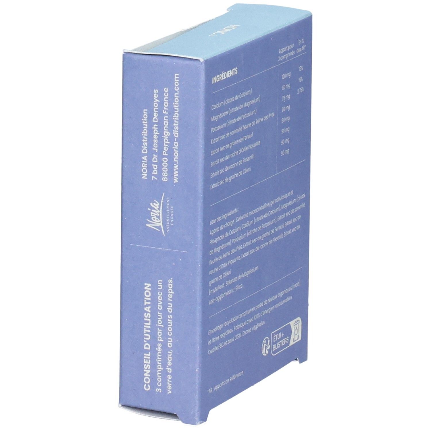 Vue de côté de la boîte HDNC Formule équilibre électrolytique avec informations fabricant et conseils d'utilisation.