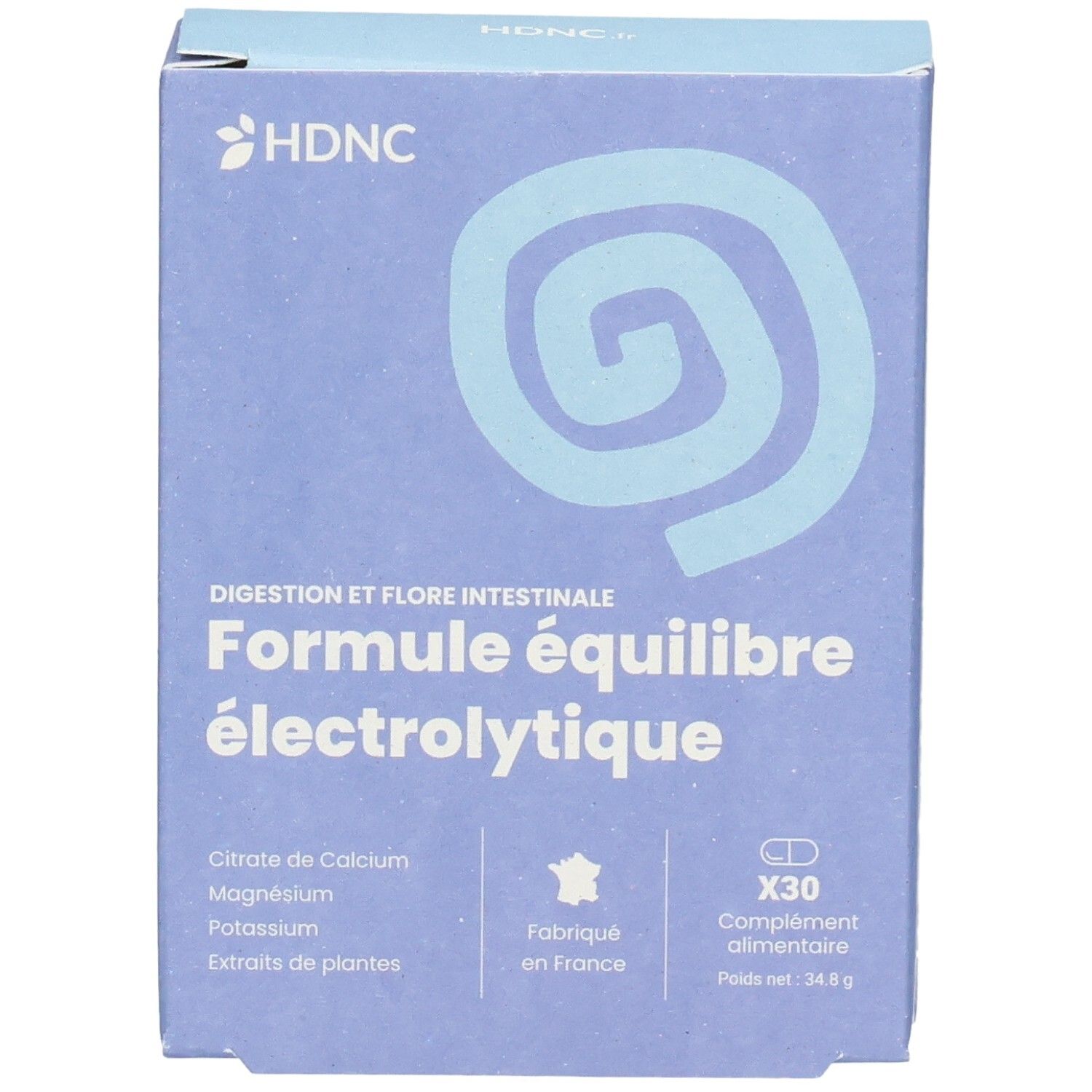 Boîte HDNC Formule équilibre électrolytique, vue de face. Contient calcium, magnésium, potassium et extraits de plantes.