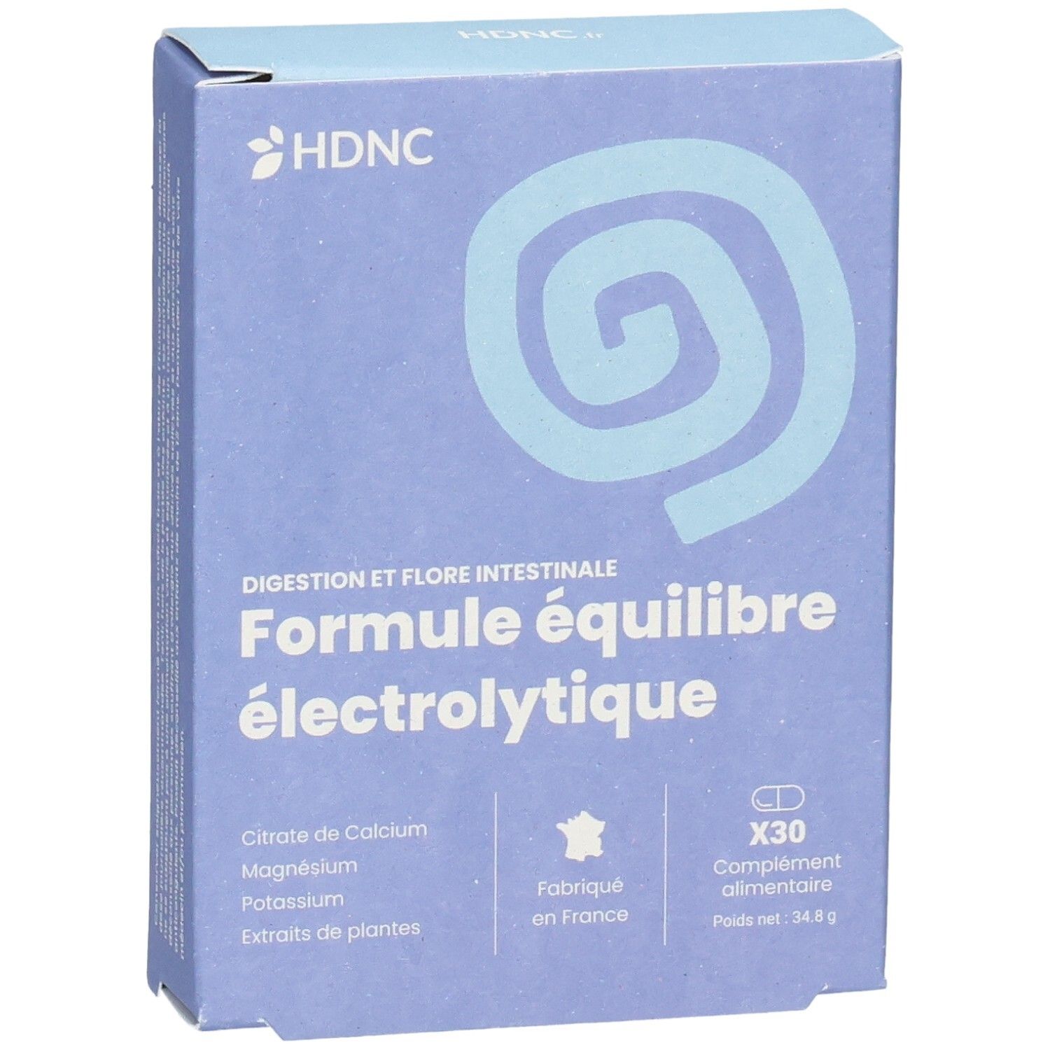 Boîte HDNC Formule équilibre électrolytique, vue de face. Contient calcium, magnésium, potassium et extraits de plantes.