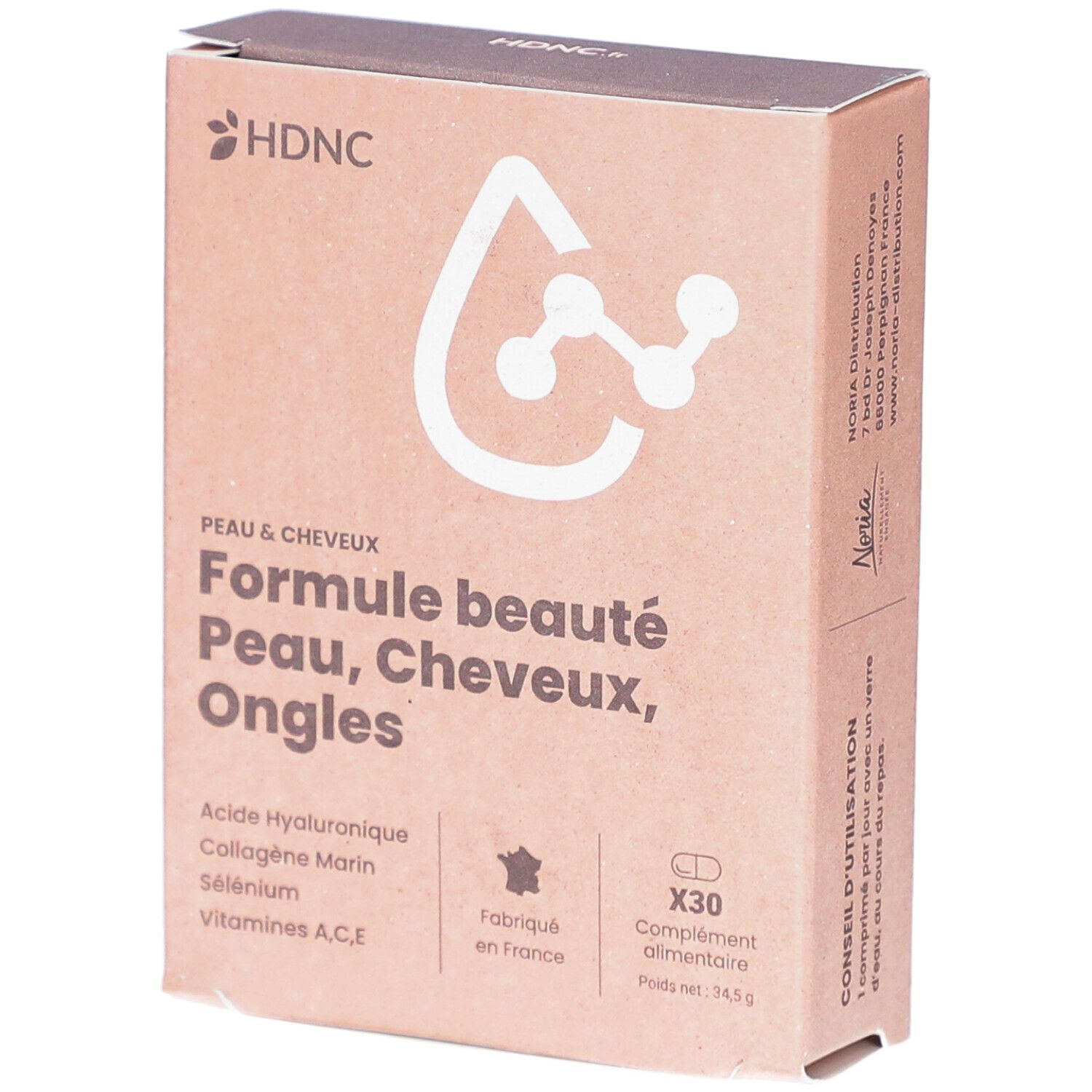 Boîte en carton. Inscription: Formule beauté Peau, Cheveux, Ongles. Contient 30 gélules. Logo HDNC et ingrédients visibles.