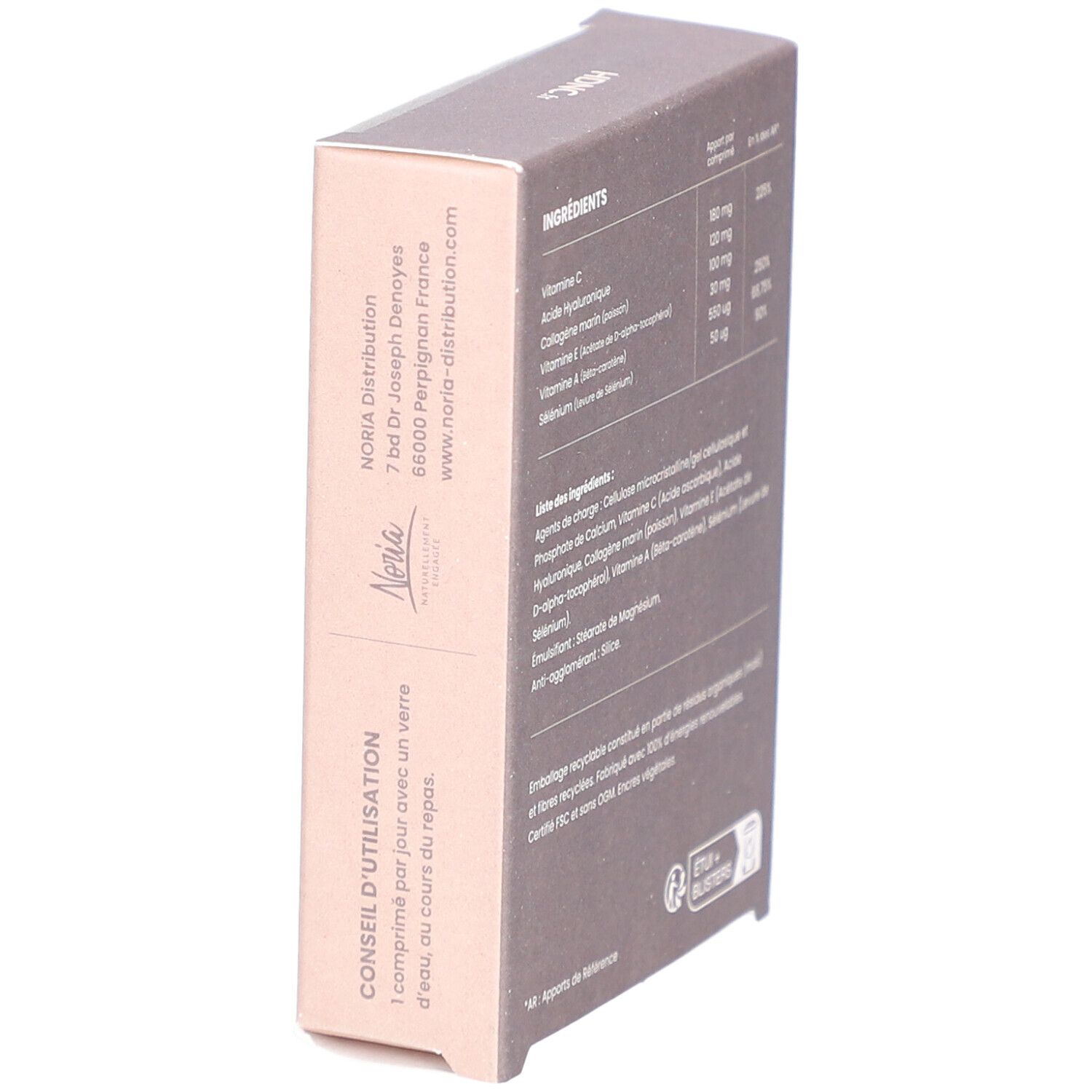 Boîte en carton. Contient des informations sur les ingrédients et l'utilisation. Logo et adresse Noria.