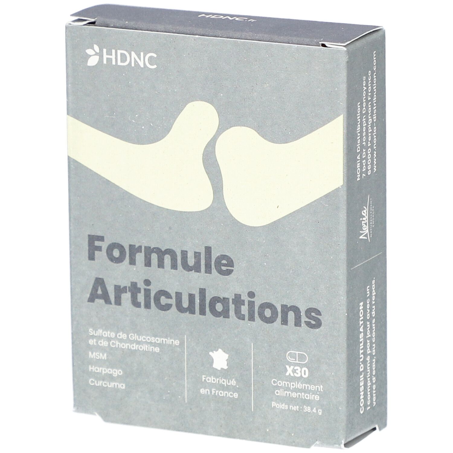 Boîte 'Formule Articulations' HDNC. Contient 30 comprimés. Ingrédients : Glucosamine, Chondroïtine, MSM, Harpagophytum, Curcuma. Fabriqué en France.