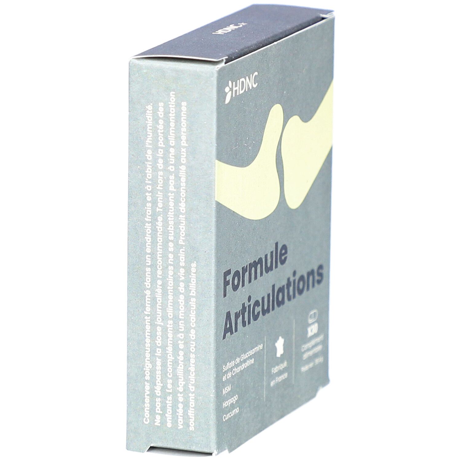 Boîte grise 'Formule Articulations' HDNC. Contient 30 comprimés. Vue latérale avec texte. Fabriqué en France.